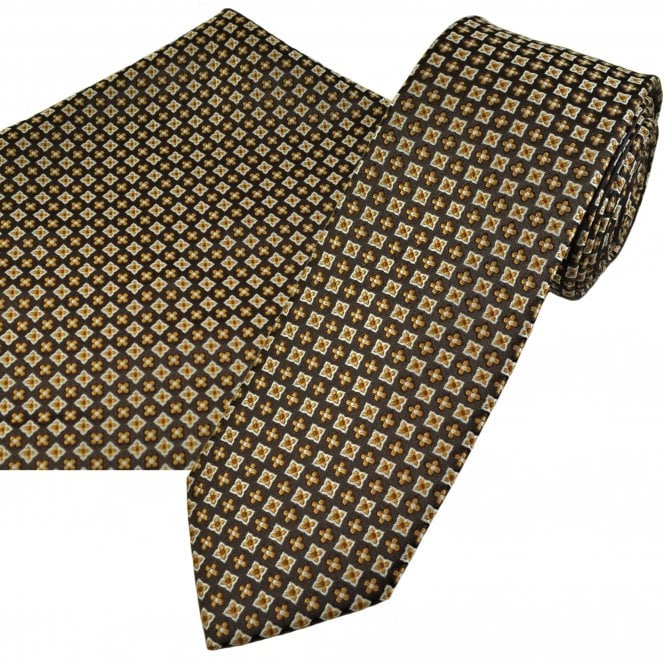Brown, Beige & Silver Patterned Men's Tie & Pocket Square Handkerchief Set