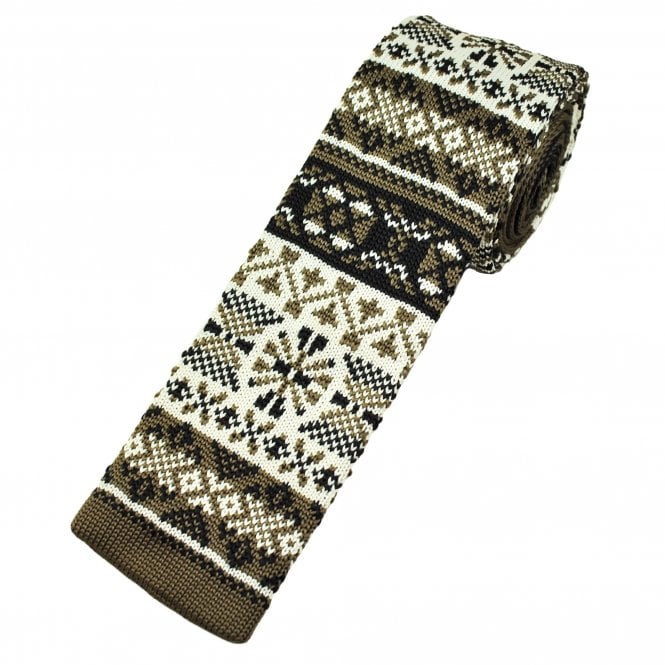 Brown, Black & Ivory Fair Isle Pattern Men's Knitted Tie