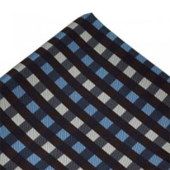 Brown, Blue & Silver Check Patterned Silk Pocket Square Handkerchief