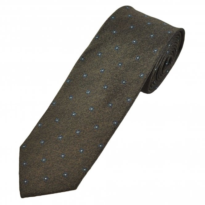 Brown, Navy & Silver Flower Pattern Men's Silk Narrow Tie