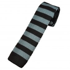 Brown & Silver Grey Horizontal Stripe Men's Skinny Knitted Tie