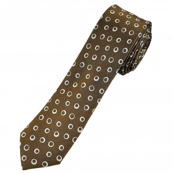 Brown & White Circle Pattern Men's Silk Skinny Tie