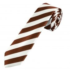 Brown & White Striped Boys Skinny Tie
