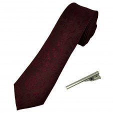 Burgundy Floral Pattern Men's Skinny Tie with Tie Clip