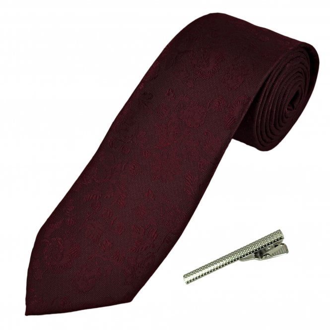Burgundy Floral Pattern Men's Tie with Tie Clip