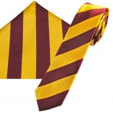 Burgundy & Gold Striped Men's Skinny Tie & Pocket Square Handkerchief Set