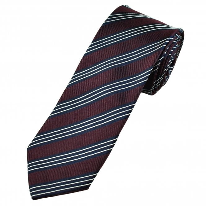 Burgundy, Navy Blue & White Striped Luxury Men's Silk Tie