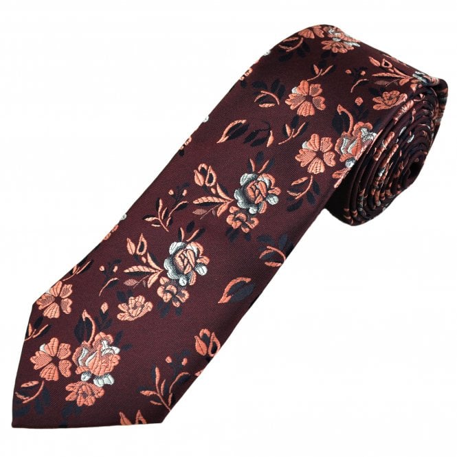 Burgundy, Peach, Silver & Black Floral Pattern Men's Extra Long Tie