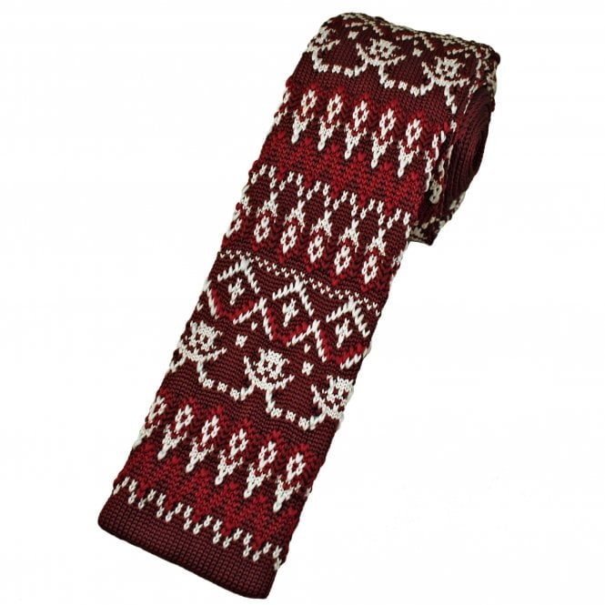 Burgundy, Red & White Patterned Men's Knitted Tie