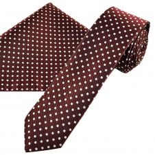 Burgundy & Silver White Polka Dot Men's Skinny Tie & Pocket Square Handkerchief Set