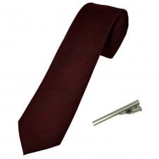 Burgundy Striped Men's Skinny Tie with Tie Clip