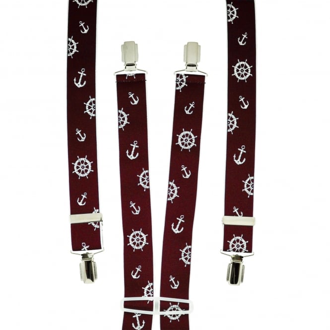 Burgundy & White Anchor & Ship Wheel Men's Trouser Braces