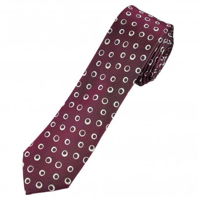 Burgundy & White Circle Men's Silk Skinny Tie 