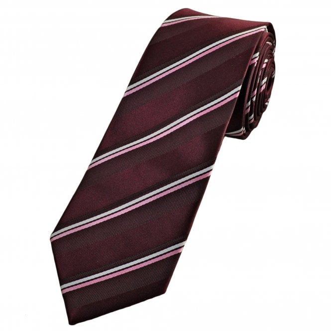 Burgundy, White & Pink Striped Men's Extra Long Tie