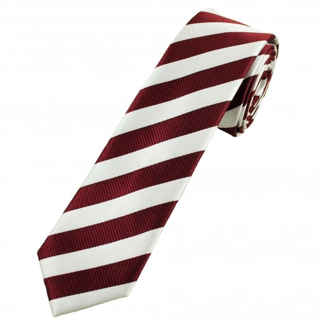 Burgundy & White Striped Men's Skinny Tie