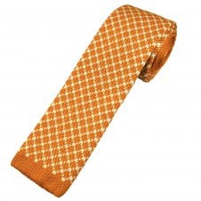 Burnt Orange & Ivory Cream Diamond Pattern Men's Skinny Knitted Tie