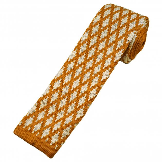 Burnt Orange & Ivory Diamond Pattern Men's Knitted Tie