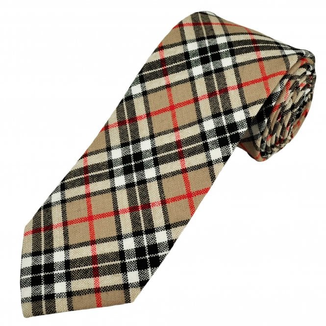 Camel Thomson Tartan Beige, Black, Red & Ivory Check 100% Wool Men's Tie by Van Buck 