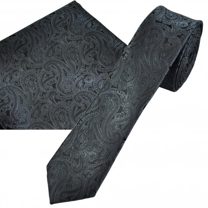 Charcoal Grey & Black Paisley Pattern Men's Skinny Tie & Pocket Square Handkerchief Set