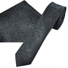 Charcoal Grey & Black Paisley Pattern Men's Skinny Tie & Pocket Square Handkerchief Set