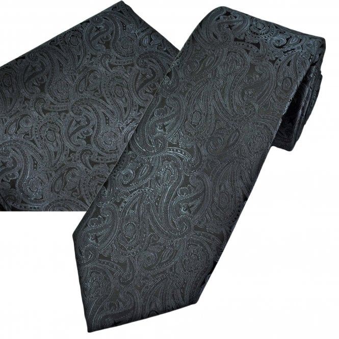 Charcoal Grey & Black Paisley Pattern Men's Tie & Pocket Square Handkerchief Set