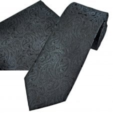 Charcoal Grey & Black Paisley Pattern Men's Tie & Pocket Square Handkerchief Set