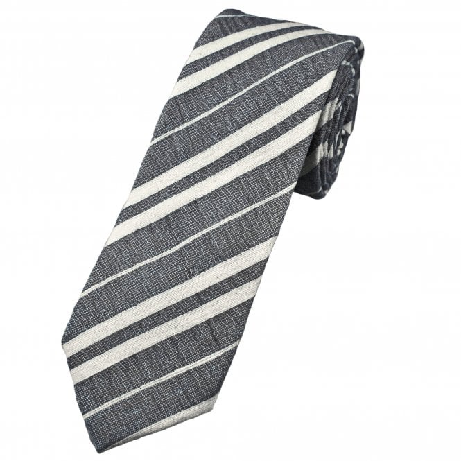 Charcoal Grey & Ivory Striped Linen & Cotton Blend Men's Tie