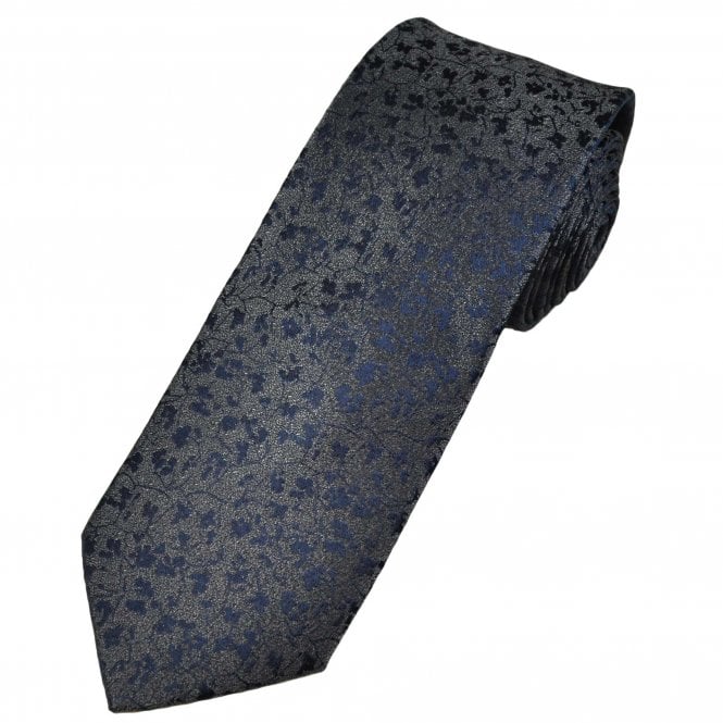 Charcoal Grey & Navy Blue Floral Pattern Men's Silk Tie 