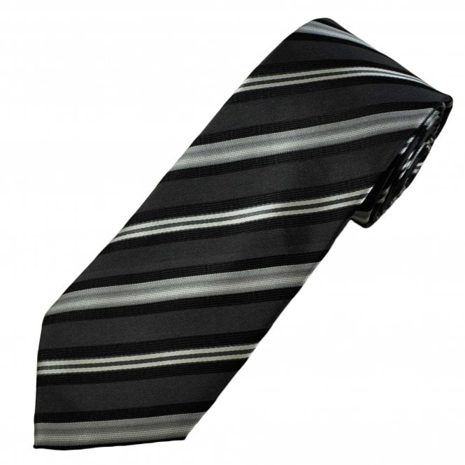 Charcoal Grey, Silver & Black Striped Men's Silk Tie