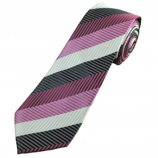 Charcoal Grey, White, Dark Pink & Pink Striped Men's Extra Long Tie