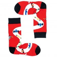 "Chicanery" Formula One Racing Cars, Track & Chequered Flag Red Combed Cotton Rich Socks