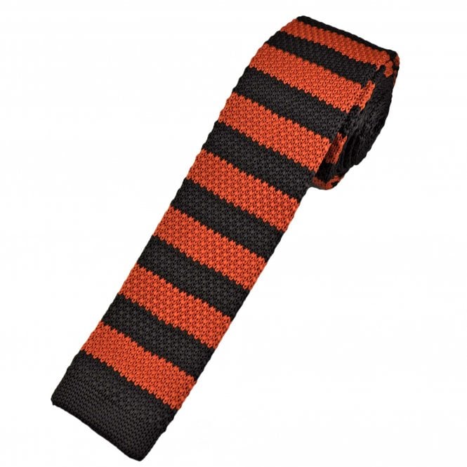 Chocolate Brown & Burnt Orange Horizontal Stripe Men's Skinny Knitted Tie