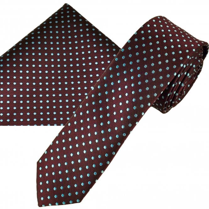 Claret & Blue Polka Dot Men's Skinny Tie & Pocket Square Handkerchief Set