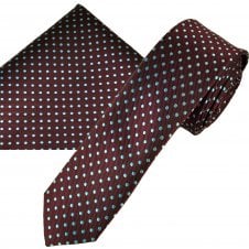 Claret & Blue Polka Dot Men's Skinny Tie & Pocket Square Handkerchief Set