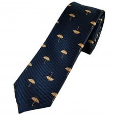 Copper Orange Umbrella Pattern on Navy Blue Men's Skinny Tie