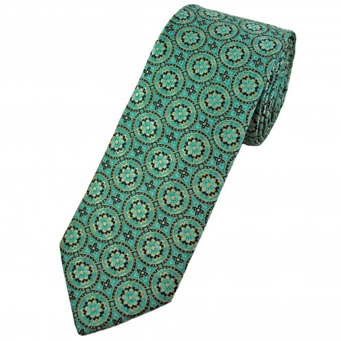 Cyan Green, Navy Blue & Beige Circle Motif Pattern Men's Tie
