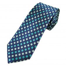 Dark Blue, Sage Green & Turquoise Circle Patterned Men's Silk Tie