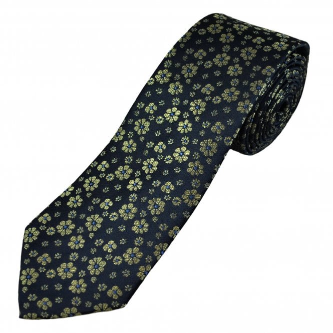 Dark Navy, Light Gold & Dusky Blue Flower Pattern Men's Extra Long Tie