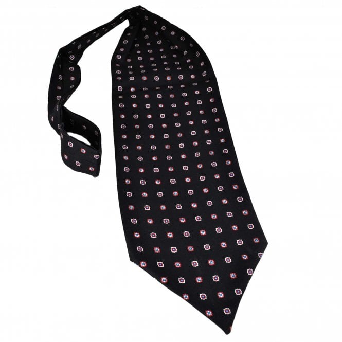 Dark Navy, White, Red & Blue Motif Patterned Luxury Silk Cravat Tie - Made in Italy