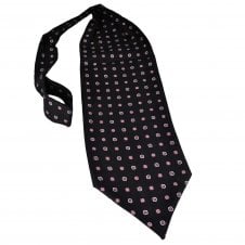 Dark Navy, White, Red & Blue Motif Patterned Luxury Silk Cravat Tie - Made in Italy