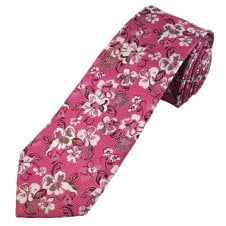 Dark Pink, Silver White & Burgundy Floral Pattern Men's Extra Long Tie