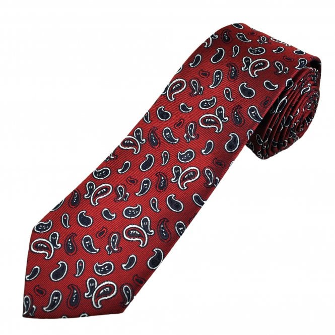 Dark Red, Navy Blue & Silver Paisley Pattern Men's Extra Long Tie