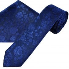 Dark Royal Blue Floral Pattern Men's Skinny Tie & Pocket Square Handkerchief Set