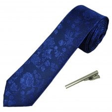 Dark Royal Blue Floral Pattern Men's Skinny Tie with Tie Clip