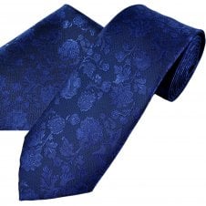 Dark Royal Blue Floral Pattern Men's Tie & Pocket Square Handkerchief Set