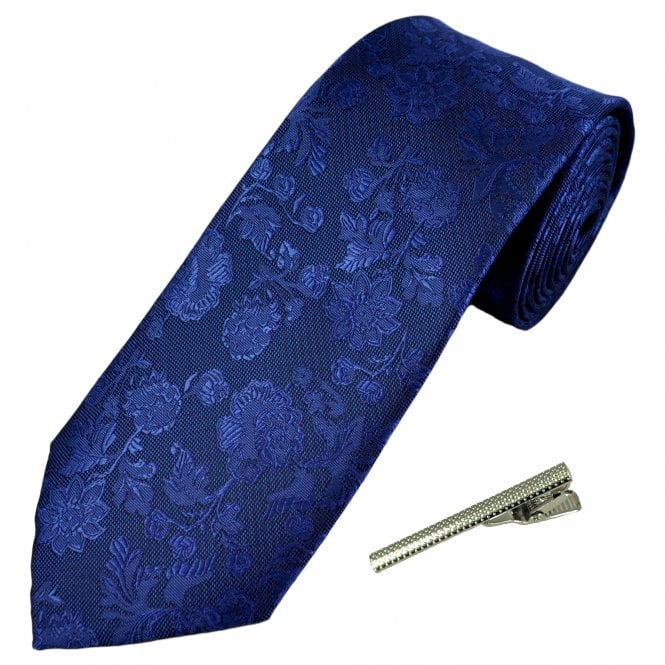 Dark Royal Blue Floral Pattern Men's Tie with Tie Clip