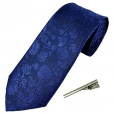 Dark Royal Blue Floral Pattern Men's Tie with Tie Clip