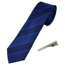 Dark Royal Blue Striped Men's Skinny Tie with Tie Clip