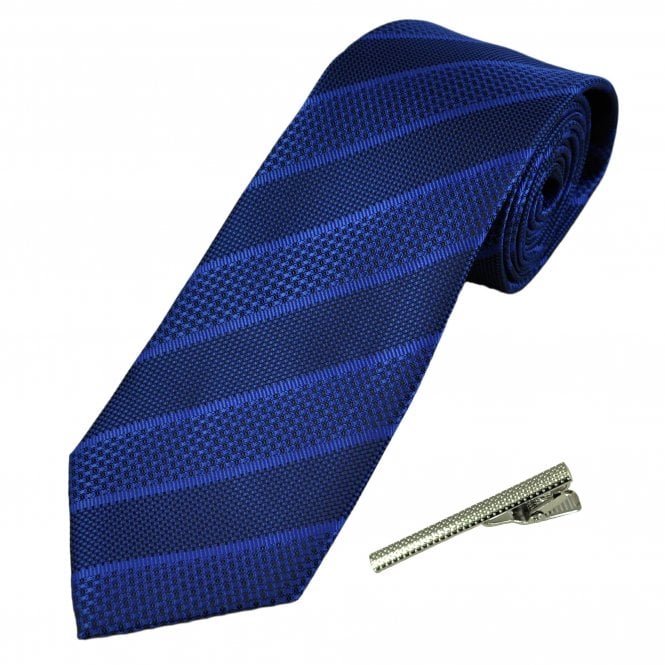 Dark Royal Blue Striped Men's Tie with Tie Clip