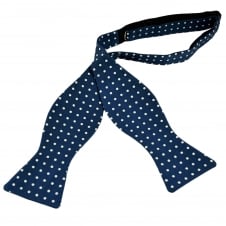Dark Royal Blue & White Polka Dot Self-Tie Silk Bow Tie